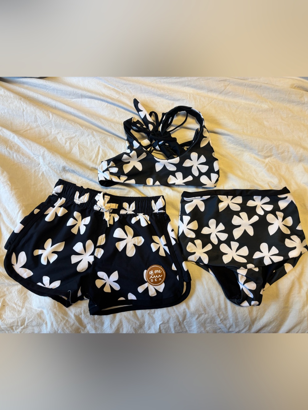Girls Black & White Floral Swim Set with Shorts